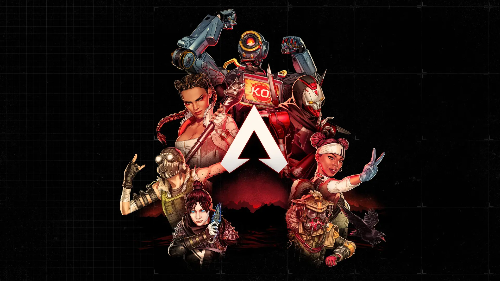 Apex Legends characters surrounding the red-and-white Apex logo