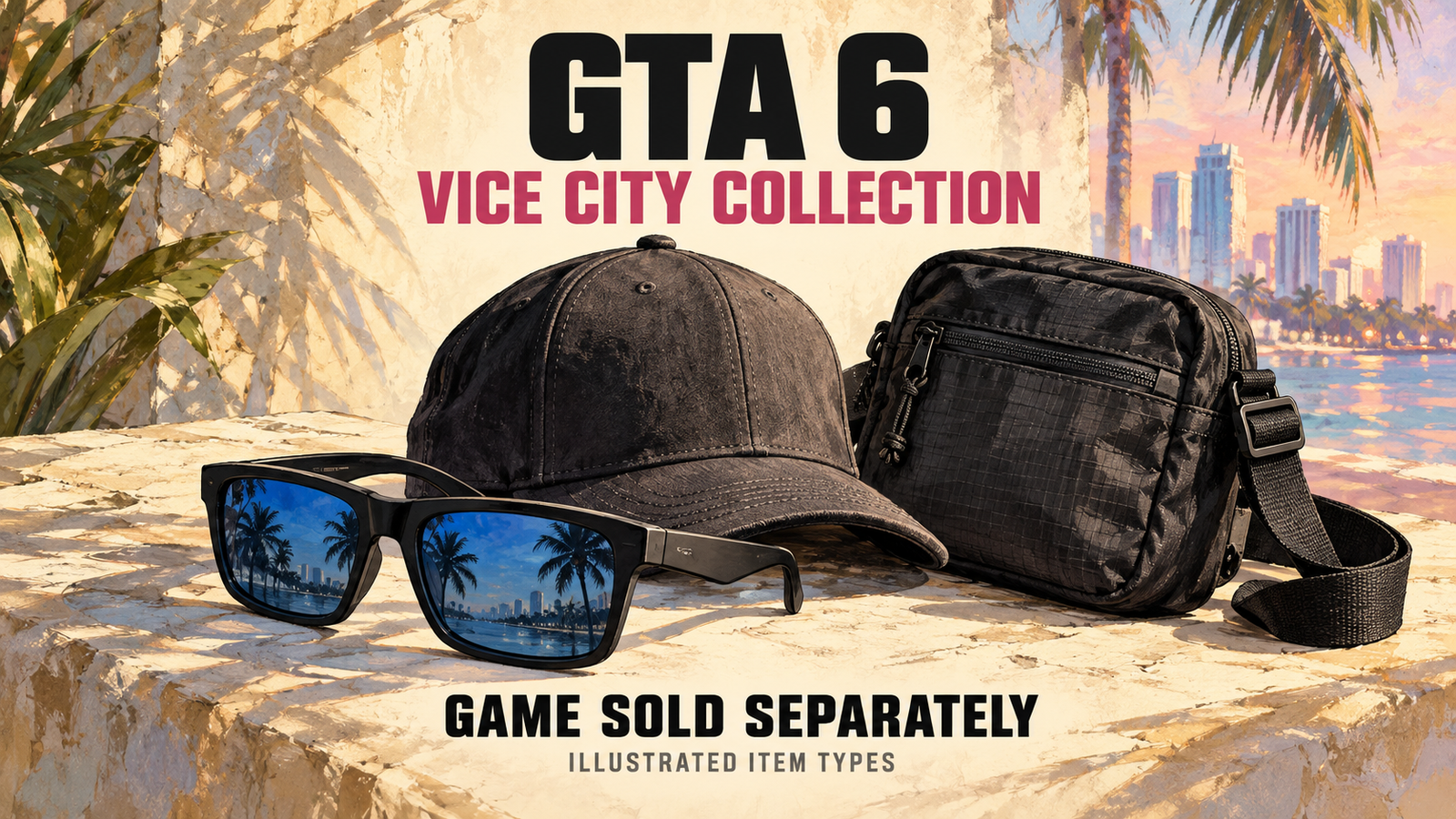 PatchCrest editorial illustration of sunglasses, a cap and a crossbody bag representing Vice City Collection merchandise; indicative designs, not official product photographs.