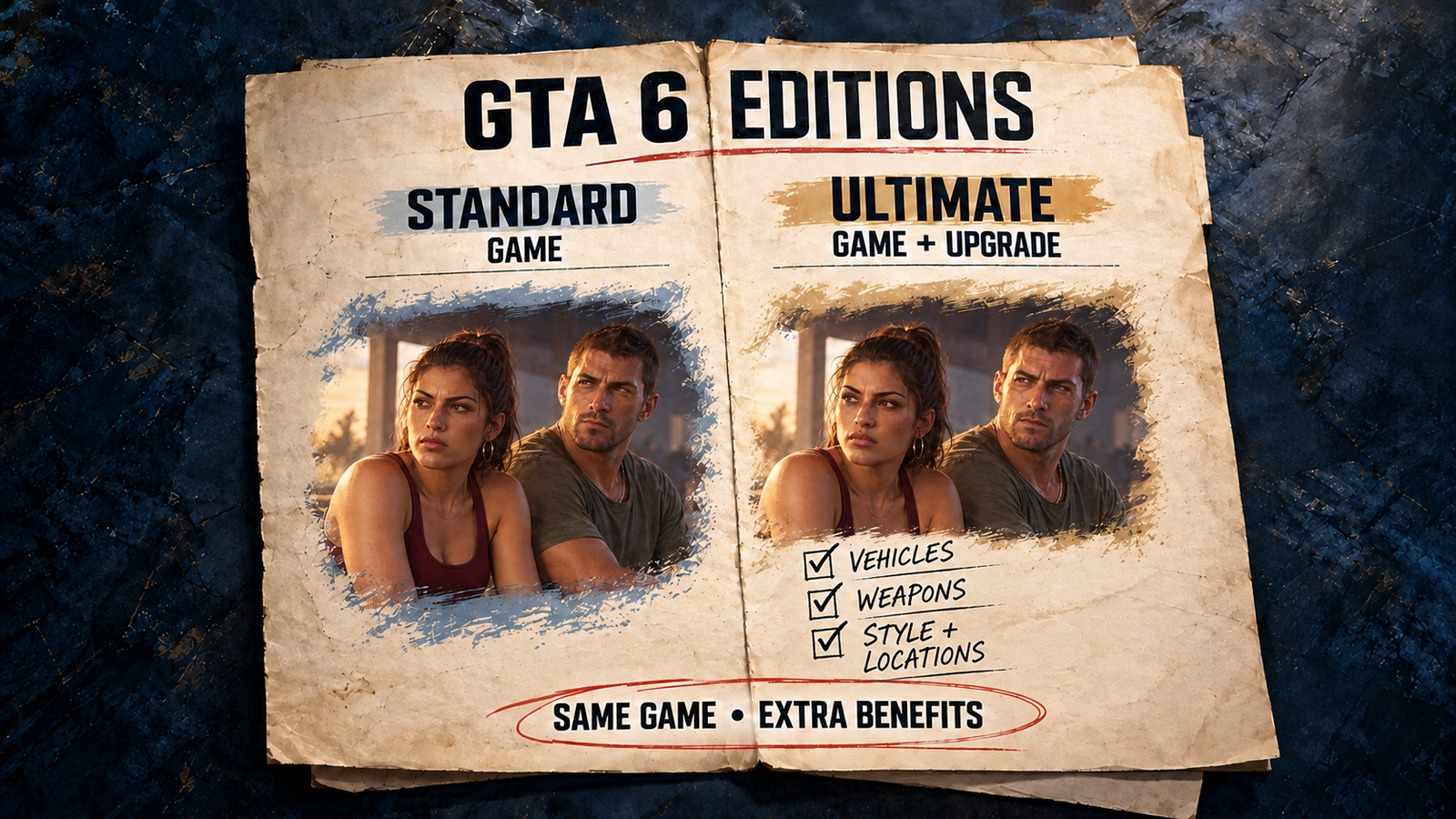 PatchCrest AI-assisted editorial comparison of GTA VI Standard and Ultimate editions, with Jason and Lucia illustrations and additional Ultimate benefit categories; not official game imagery.