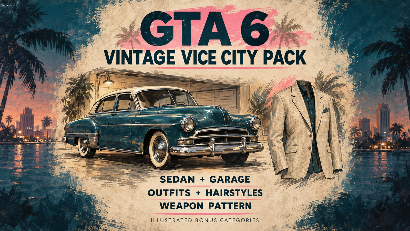 PatchCrest editorial illustration of vintage sedan and garage, clothing and weapon-pattern bonus categories; indicative designs, not official Vintage Vice City Pack assets.