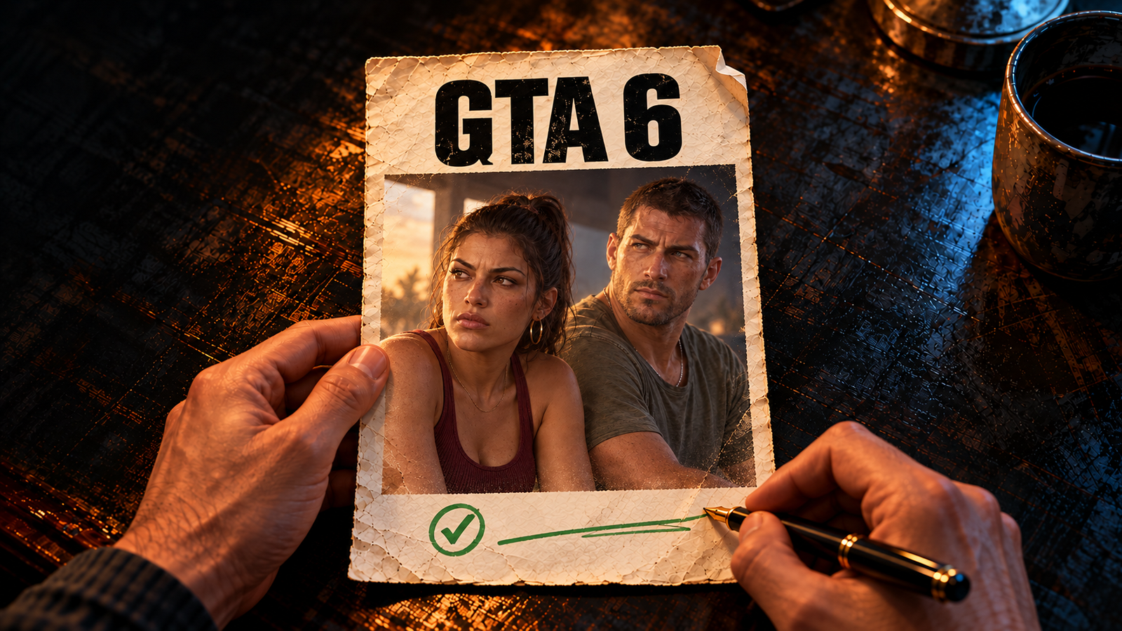 PatchCrest AI-assisted illustration of a journalist checking a GTA VI character print with a pen; imagined fact-checking scene, not official game media or a publisher document.