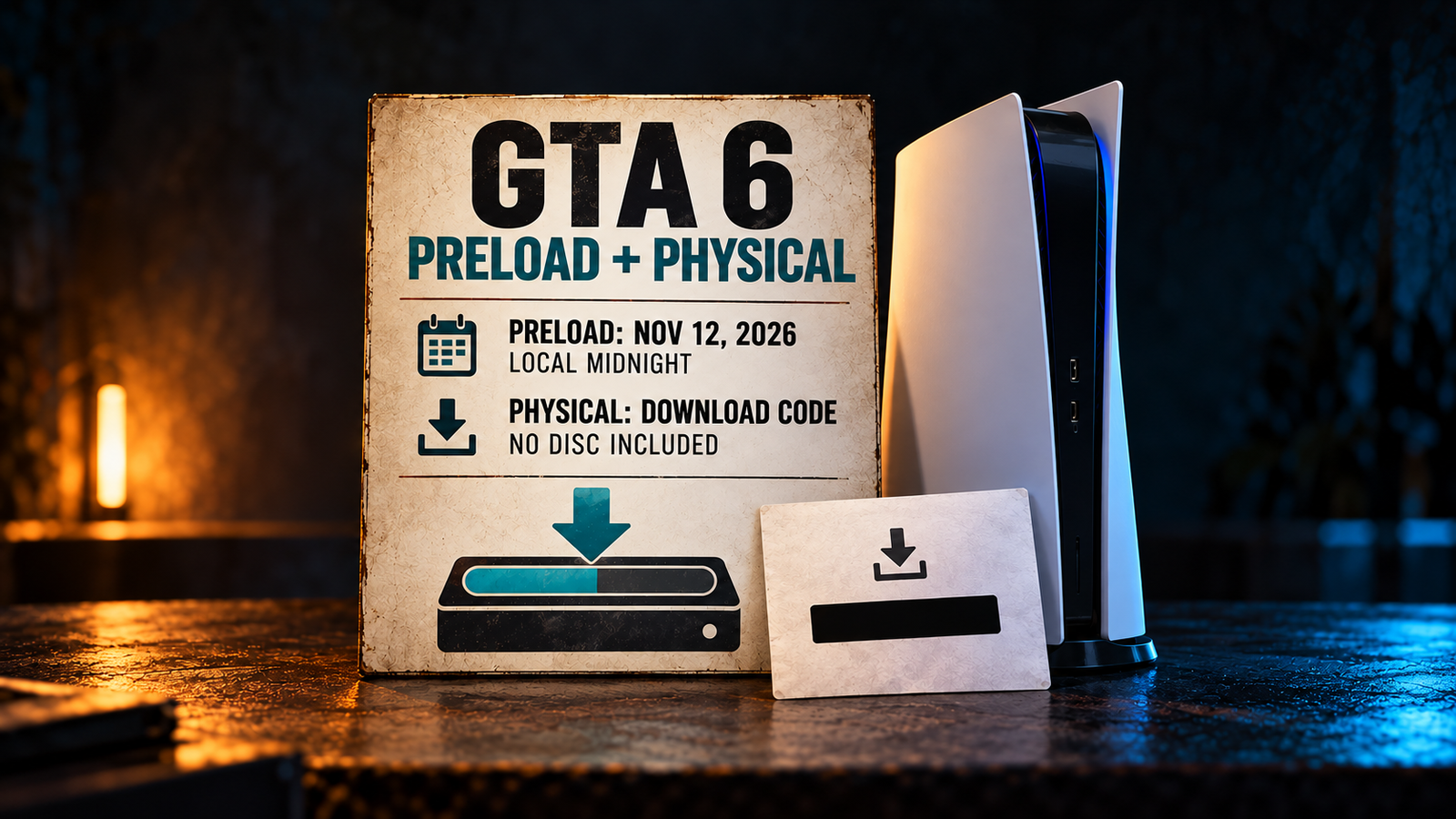 PatchCrest editorial illustration explaining November 12 local-midnight preload and a code-only physical edition; imagined explanatory board, not official packaging or a game interface.