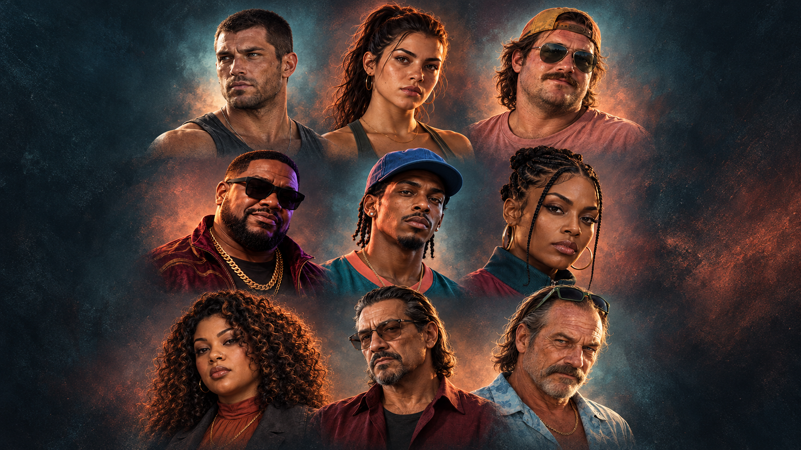 PatchCrest AI-assisted editorial recreation depicting GTA VI cast from GTA VI; illustration, not an official screenshot or video still.