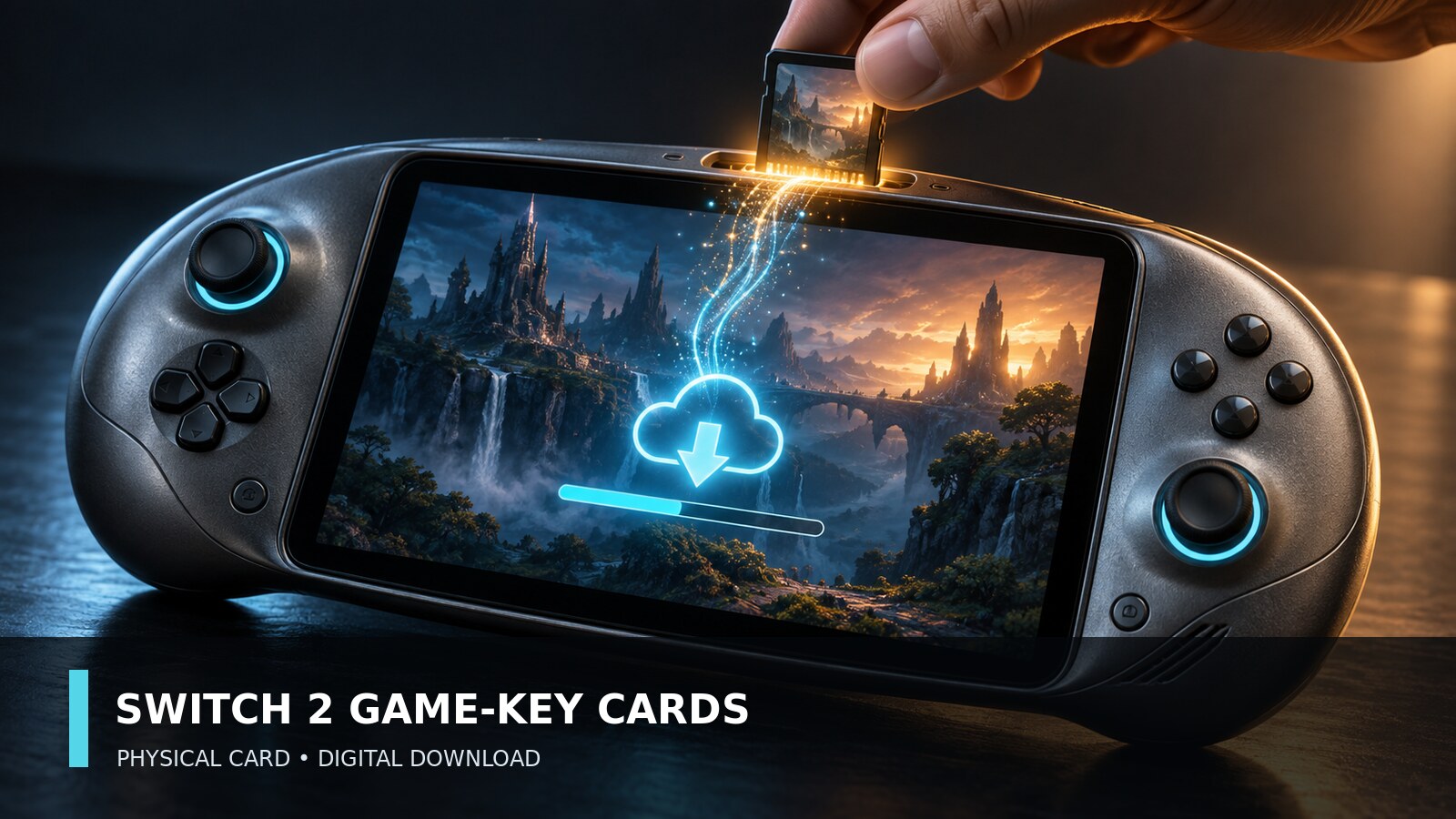 Original PatchCrest illustration of a physical game card activating a download on a fictional handheld console