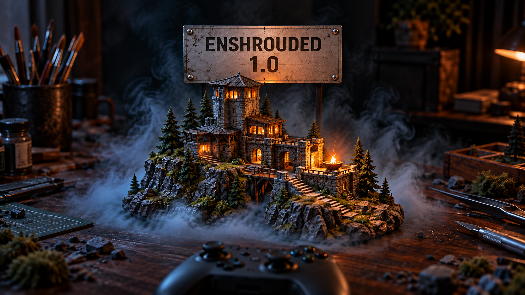 Original tabletop diorama of an invented stone refuge in theatrical fog beneath neutral Enshrouded 1.0 lettering, with an unbranded controller; not gameplay or an official game location