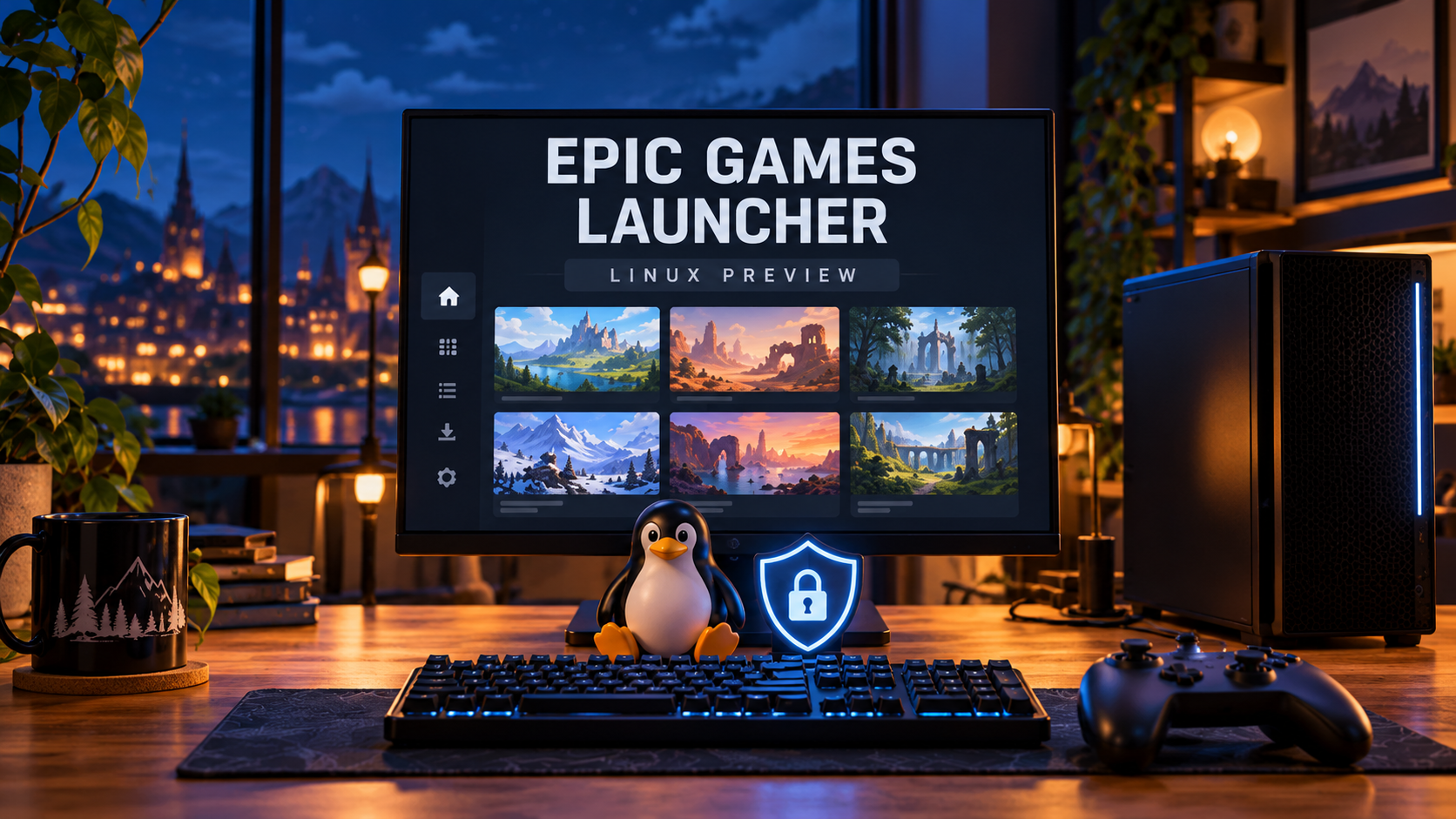 Original PatchCrest illustration of a Linux gaming workstation with invented game-library thumbnails, Epic Games Launcher editorial lettering, a penguin figurine and security symbol; not an official interface or gameplay