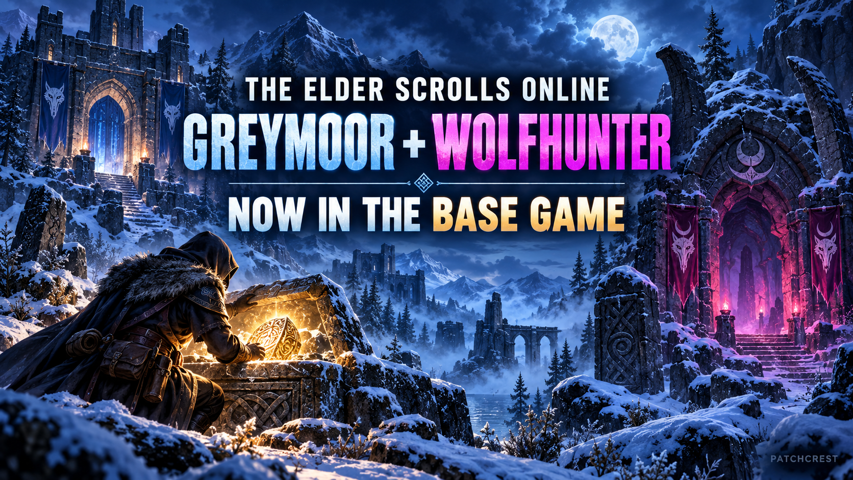 The Elder Scrolls Online, Greymoor + Wolfhunter and Now in the Base Game lettering above an invented relic seeker, snowy ruins and two dungeon entrances; conceptual illustration, not gameplay