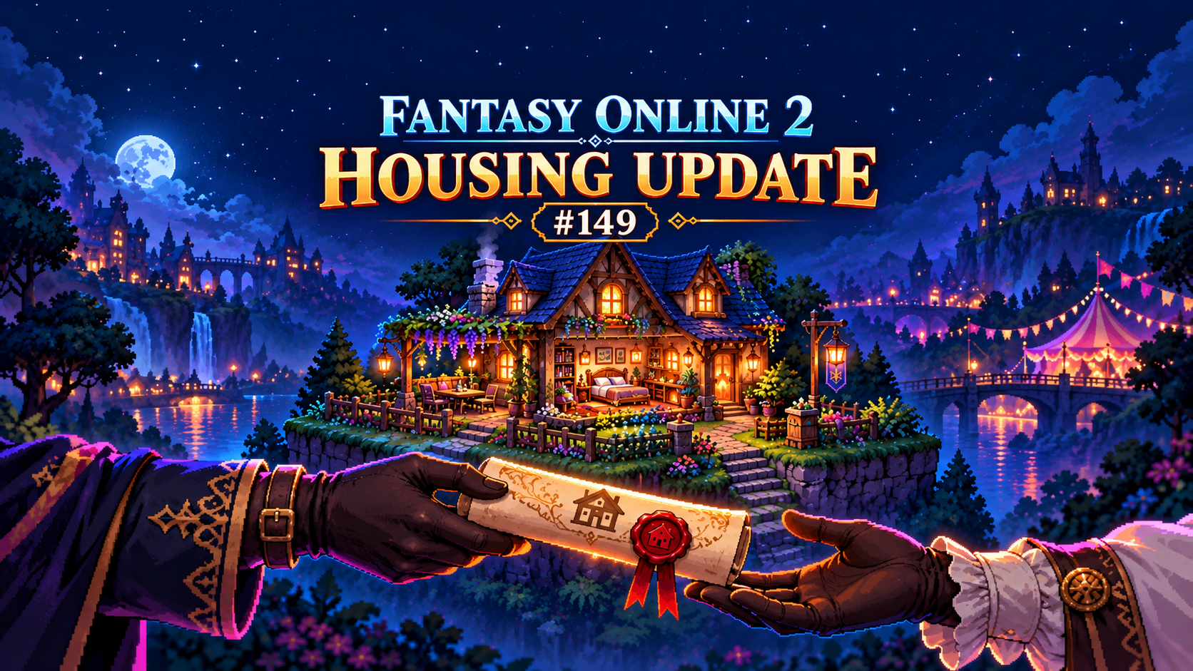 Fantasy Online 2 Housing Update #149 lettering above an invented pixel-inspired cottage and symbolic property deed transfer; not gameplay or an actual game location