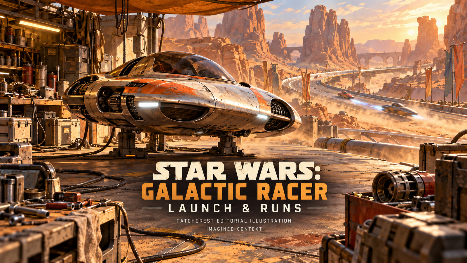 Original PatchCrest illustration of an independently imagined hover-racing craft in a desert garage, labeled Star Wars: Galactic Racer Launch and Runs; not game imagery