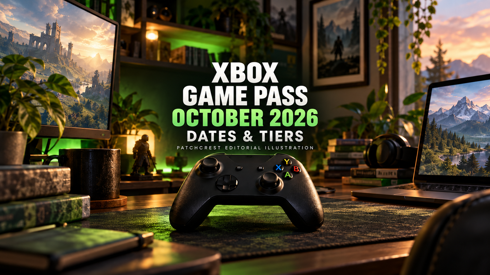 Original PatchCrest gaming-desk illustration with a controller and Xbox Game Pass October 2026 Dates and Tiers lettering; imagined editorial context