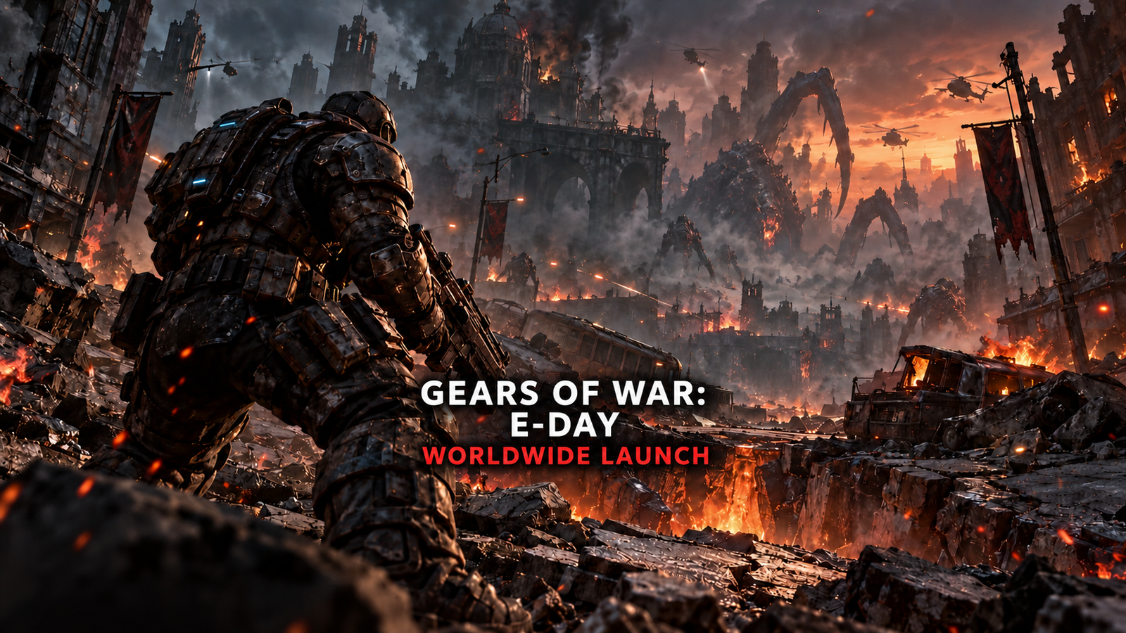 Original PatchCrest illustration of an imagined soldier and invasion scene with centered Gears of War: E-Day Worldwide Launch lettering; not gameplay