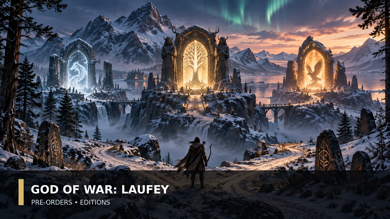 Original PatchCrest Nordic fantasy illustration of a distant archer approaching three glowing paths for God of War Laufey editions