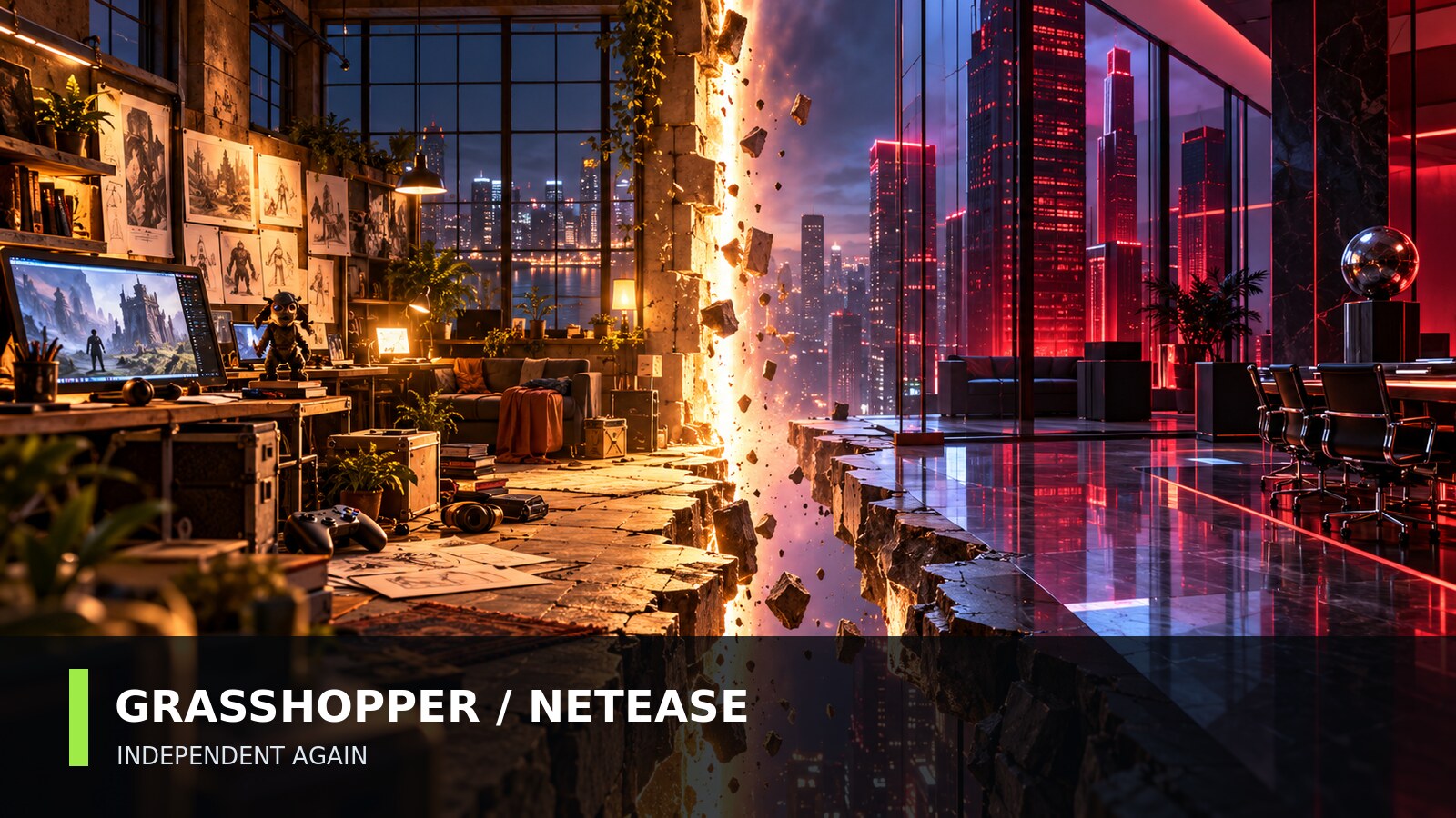 Original PatchCrest illustration of a creative game studio separating from a corporate office, labeled Grasshopper and NetEase