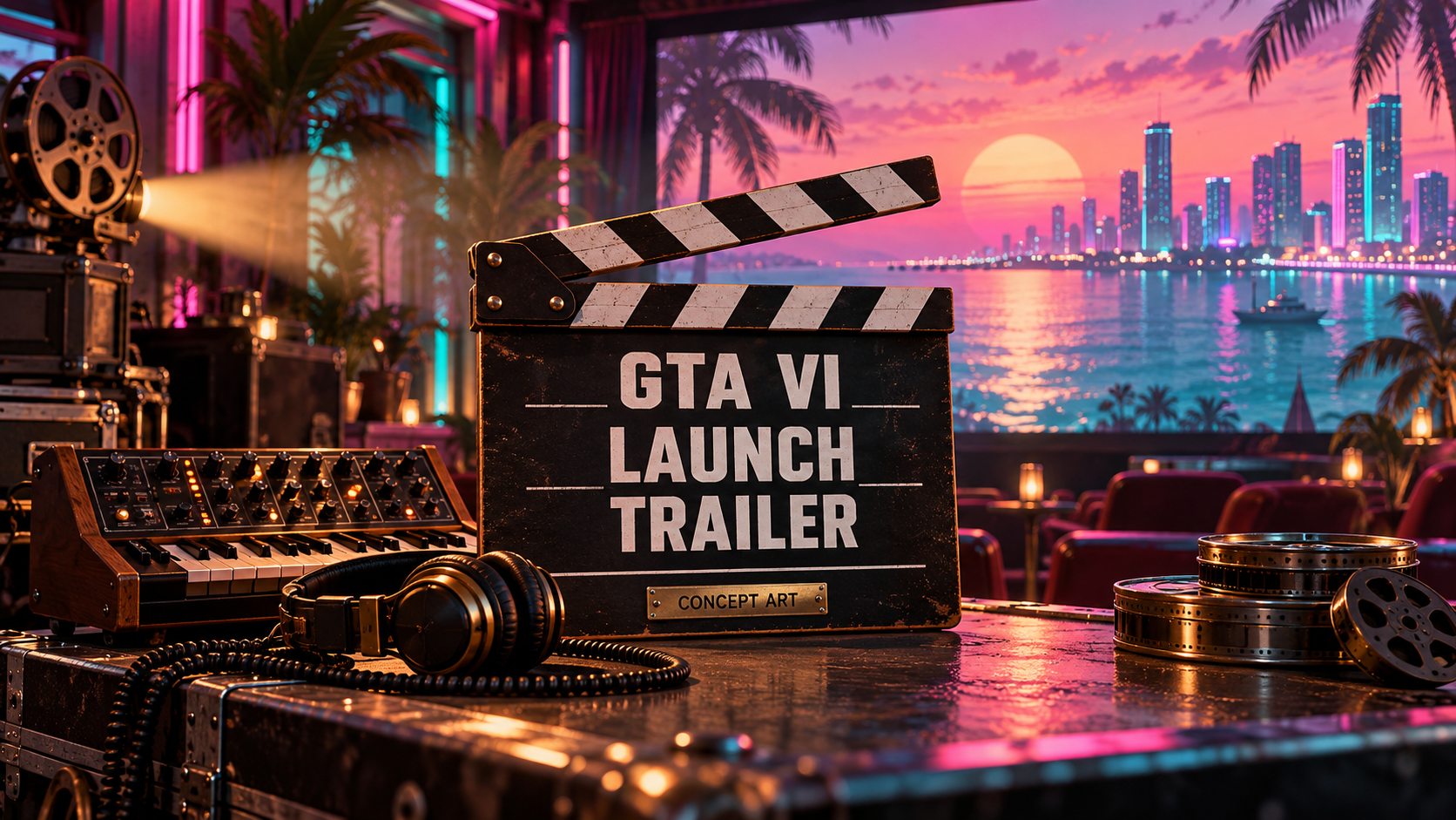 Original conceptual cinema scene with GTA VI Launch Trailer lettering on a clapperboard, music equipment and an invented coastal skyline; not gameplay or an official game location