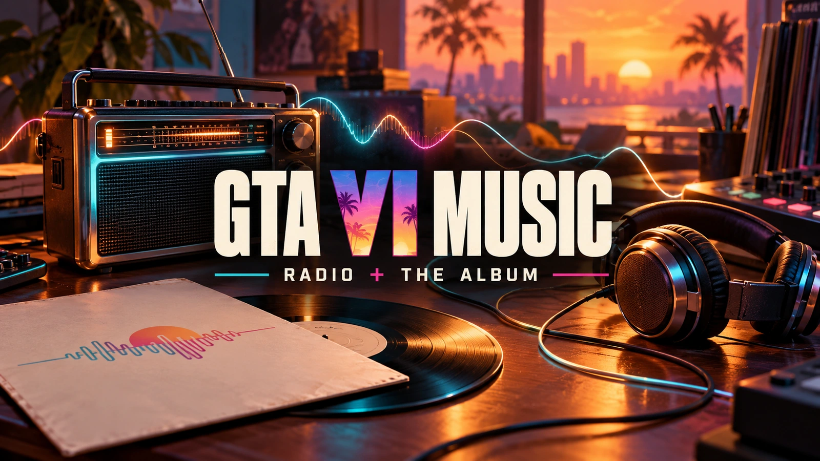 Original PatchCrest illustration of a fictional radio, record and headphones, labeled GTA VI Music Radio and The Album; not official album art or gameplay