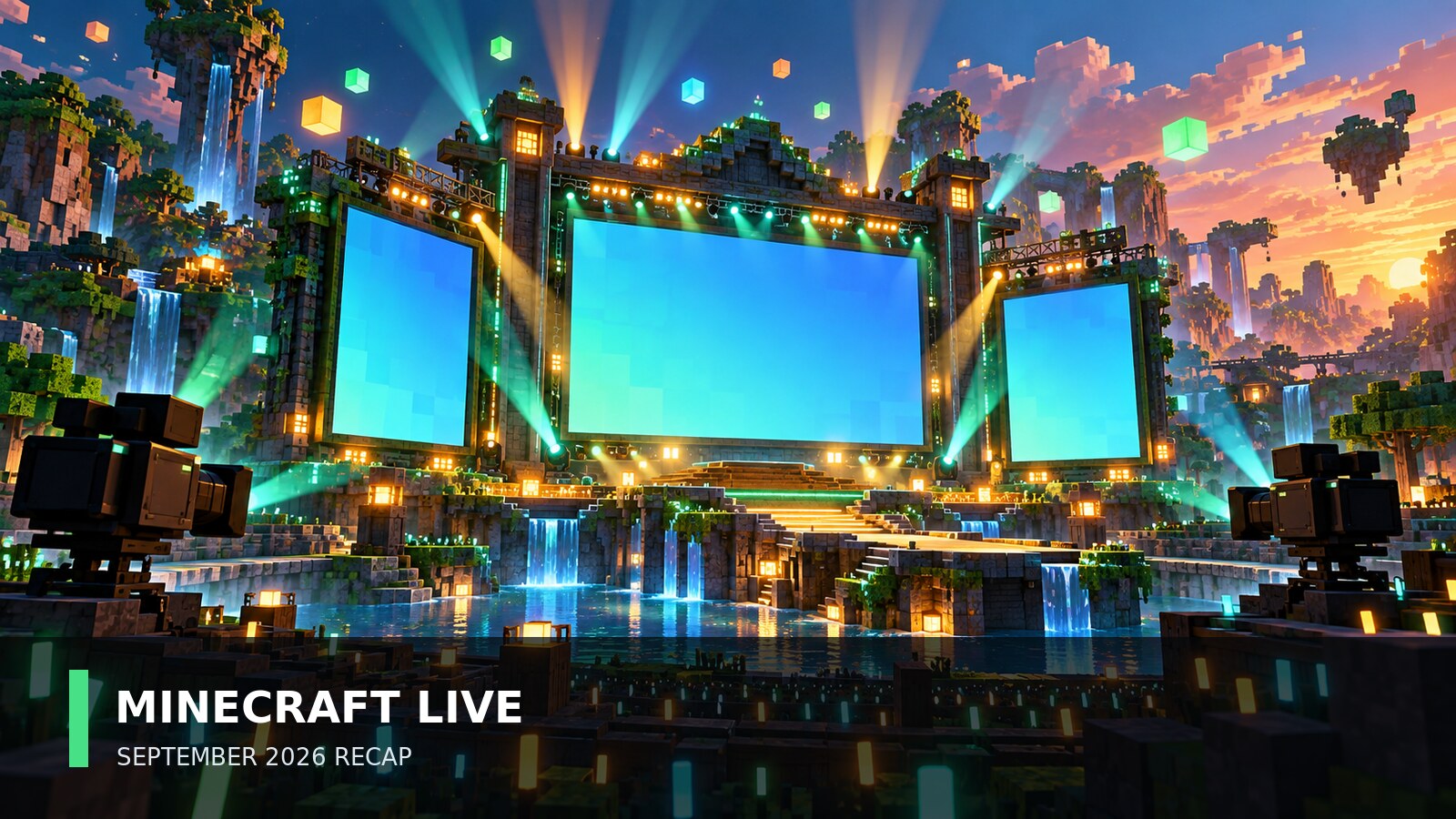 Original PatchCrest block-inspired live-event stage illustration for the Minecraft Live September 2026 recap