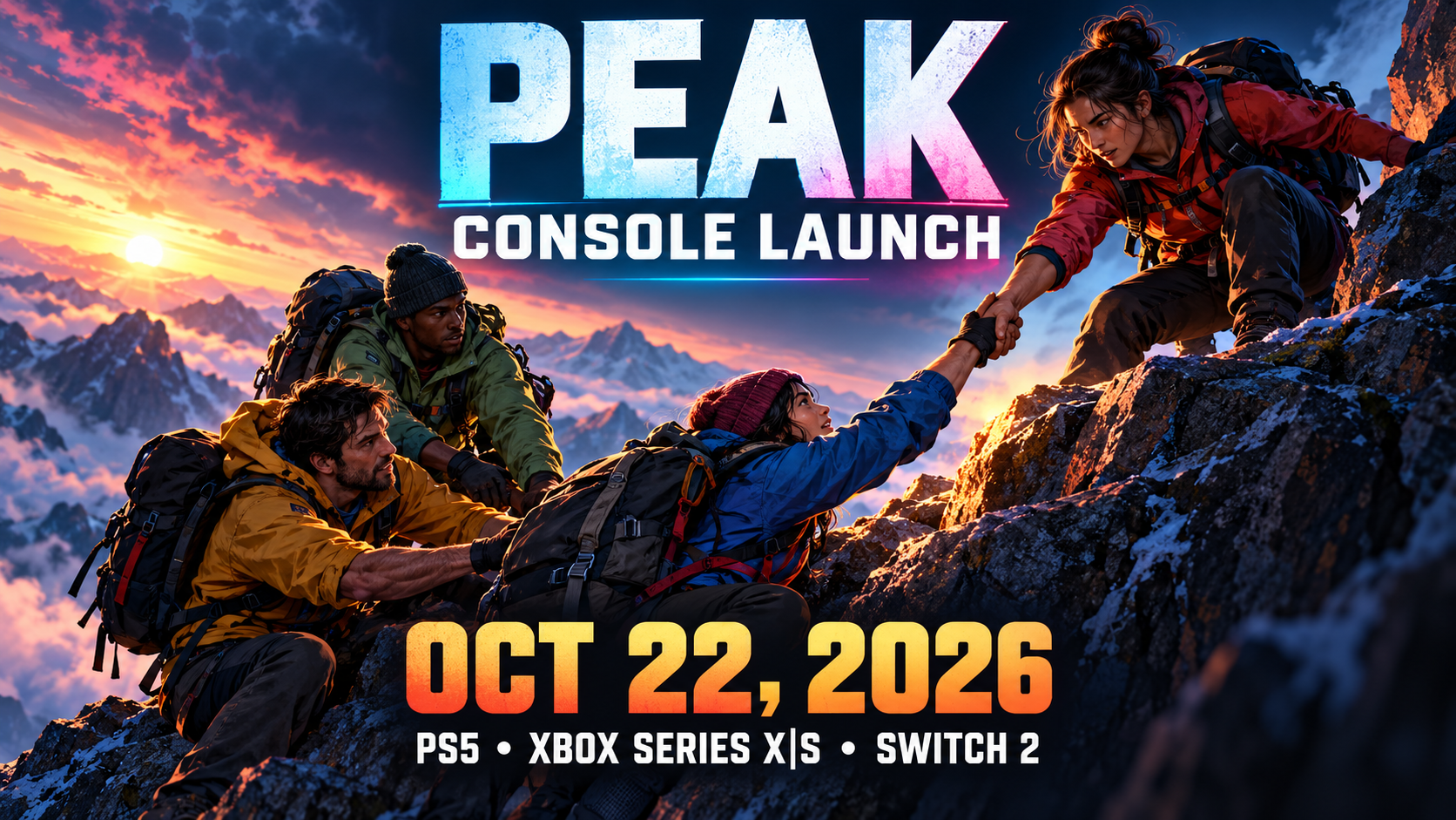 PEAK console launch editorial illustration: independently designed human climbers helping one another, with October 22, 2026 and PS5, Xbox Series X|S and Switch 2 lettering; not gameplay