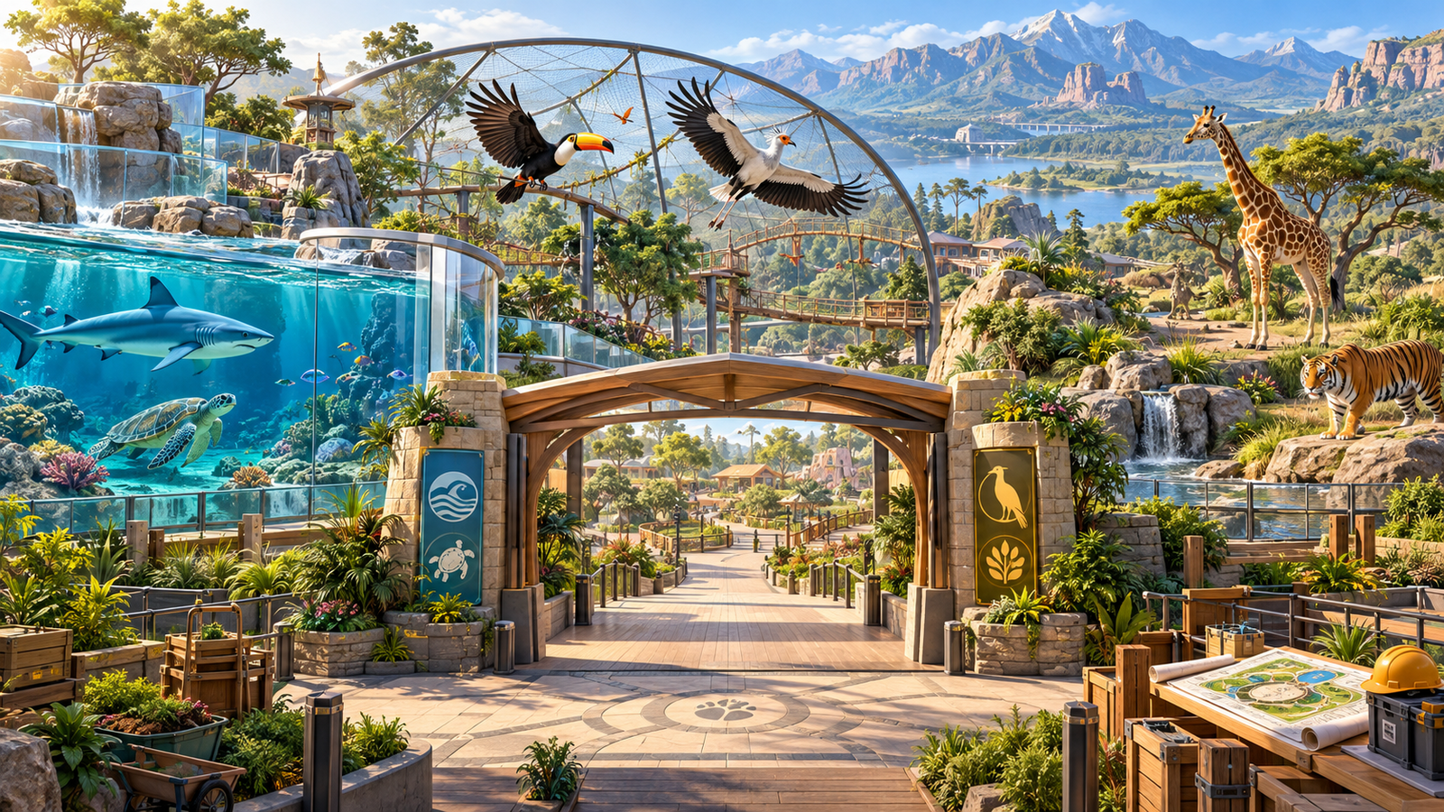 Original PatchCrest illustration of a modern zoo entrance with an aquarium, aviary, giraffe and tiger for the Planet Zoo 2 launch; not gameplay