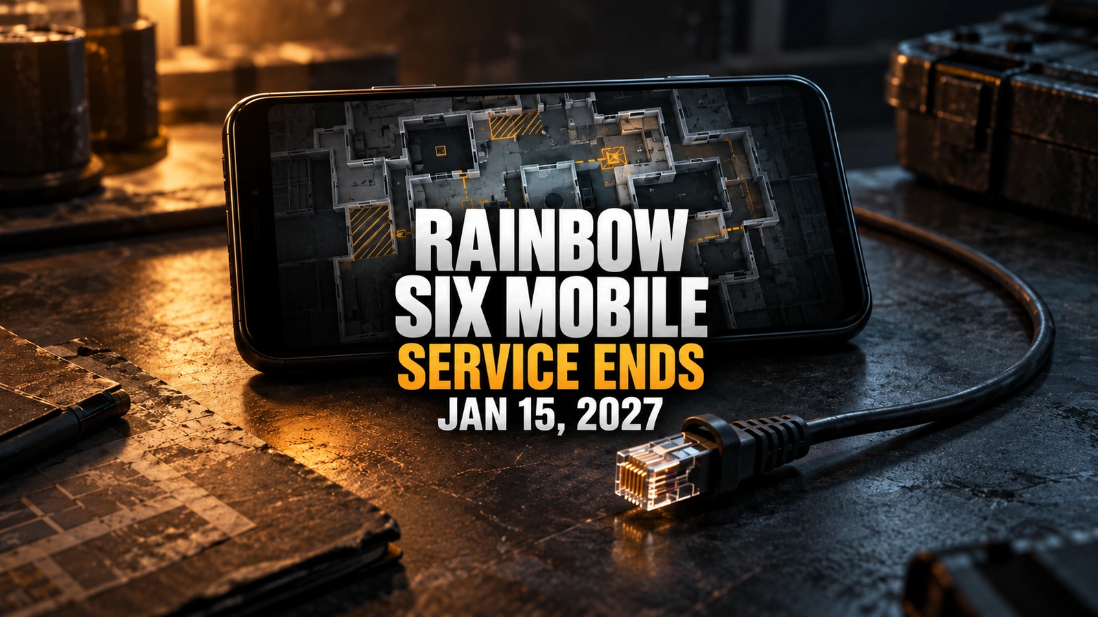 Original PatchCrest illustration of a phone with an imagined tactical floor plan and unplugged cable, labeled Rainbow Six Mobile Service Ends Jan 15, 2027; not gameplay