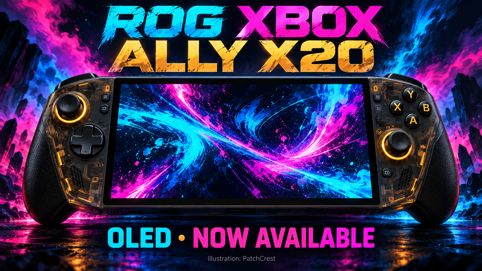 ROG Xbox Ally X20 editorial illustration: translucent black-and-gold handheld with asymmetric controls, OLED and Now Available lettering; not a product photograph