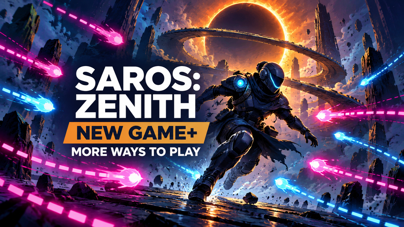 Saros: Zenith and New Game+ lettering beside an invented helmeted explorer dodging magenta and cyan projectiles beneath an eclipse; an independent conceptual illustration, not gameplay