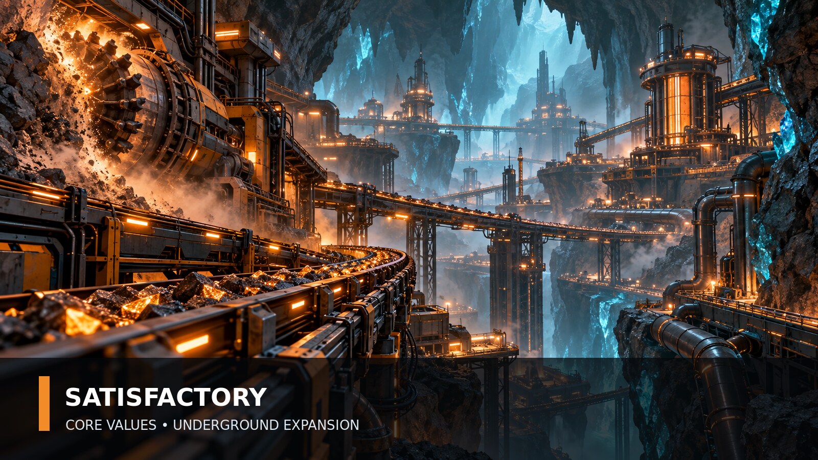 Original PatchCrest illustration of a vast underground industrial factory network for Satisfactory Core Values