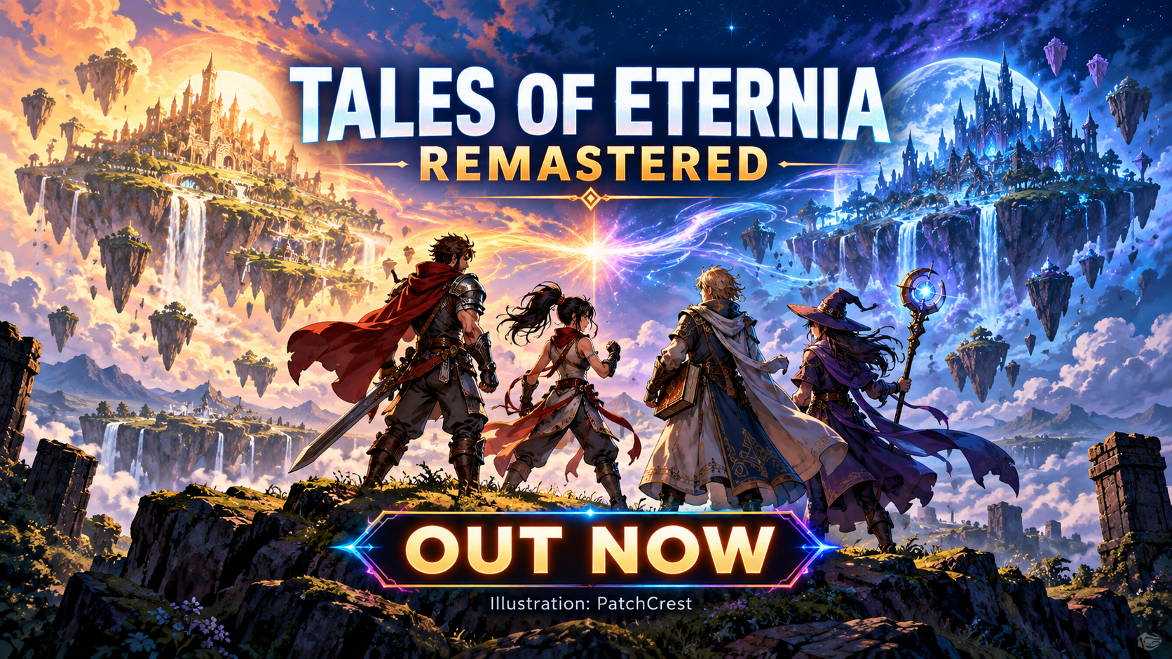 Tales of Eternia Remastered launch illustration: four independently designed fantasy adventurers face two symbolic worlds, with game-title and Out Now lettering; not gameplay or game characters