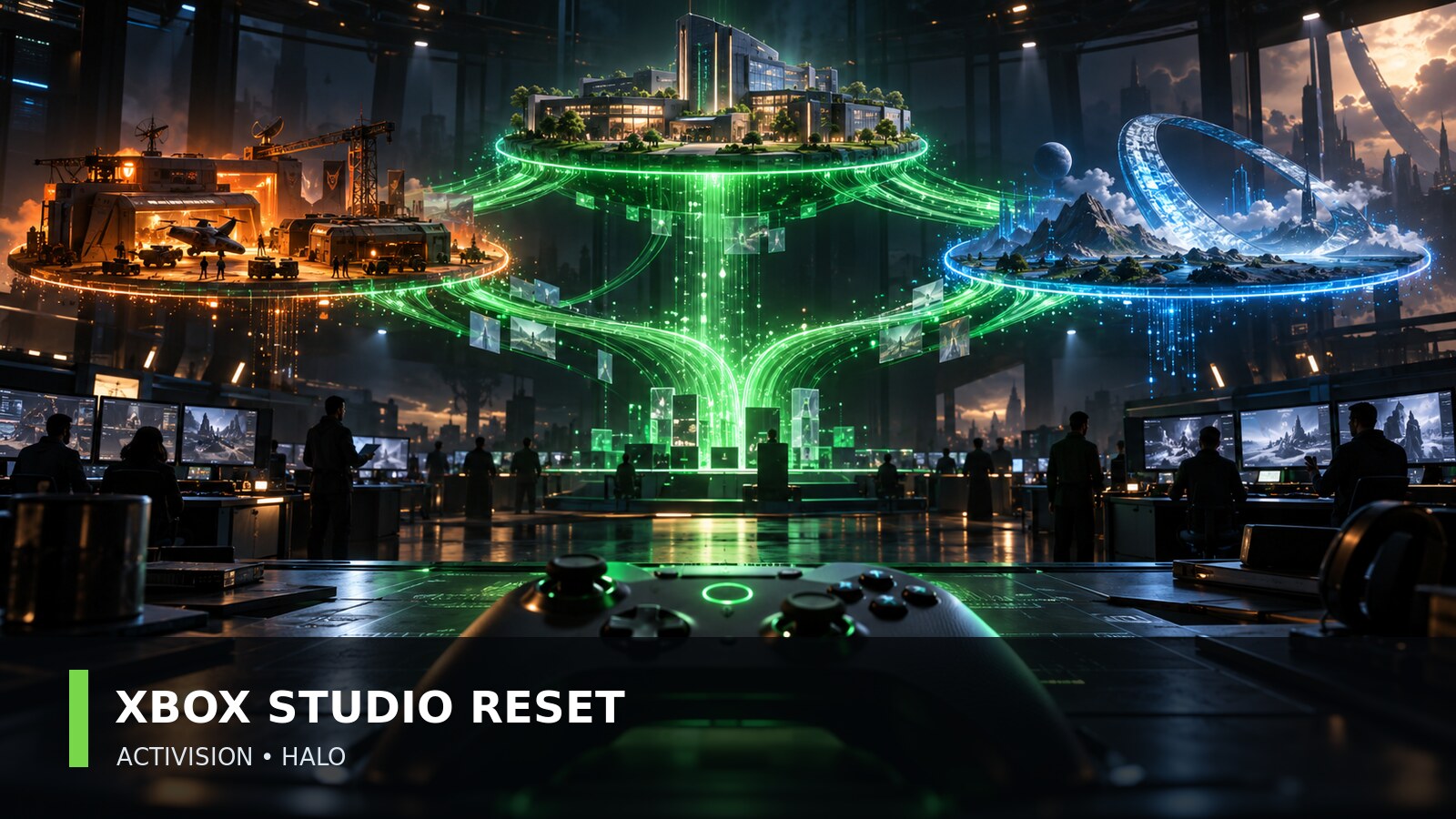 Original PatchCrest games-studio network illustration labeled Xbox Studio Reset, Activision and Halo