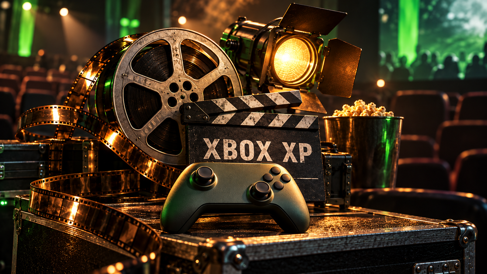 Original PatchCrest illustration of an unbranded imagined controller, film reel and spotlight around a slate labeled Xbox XP; not announced products