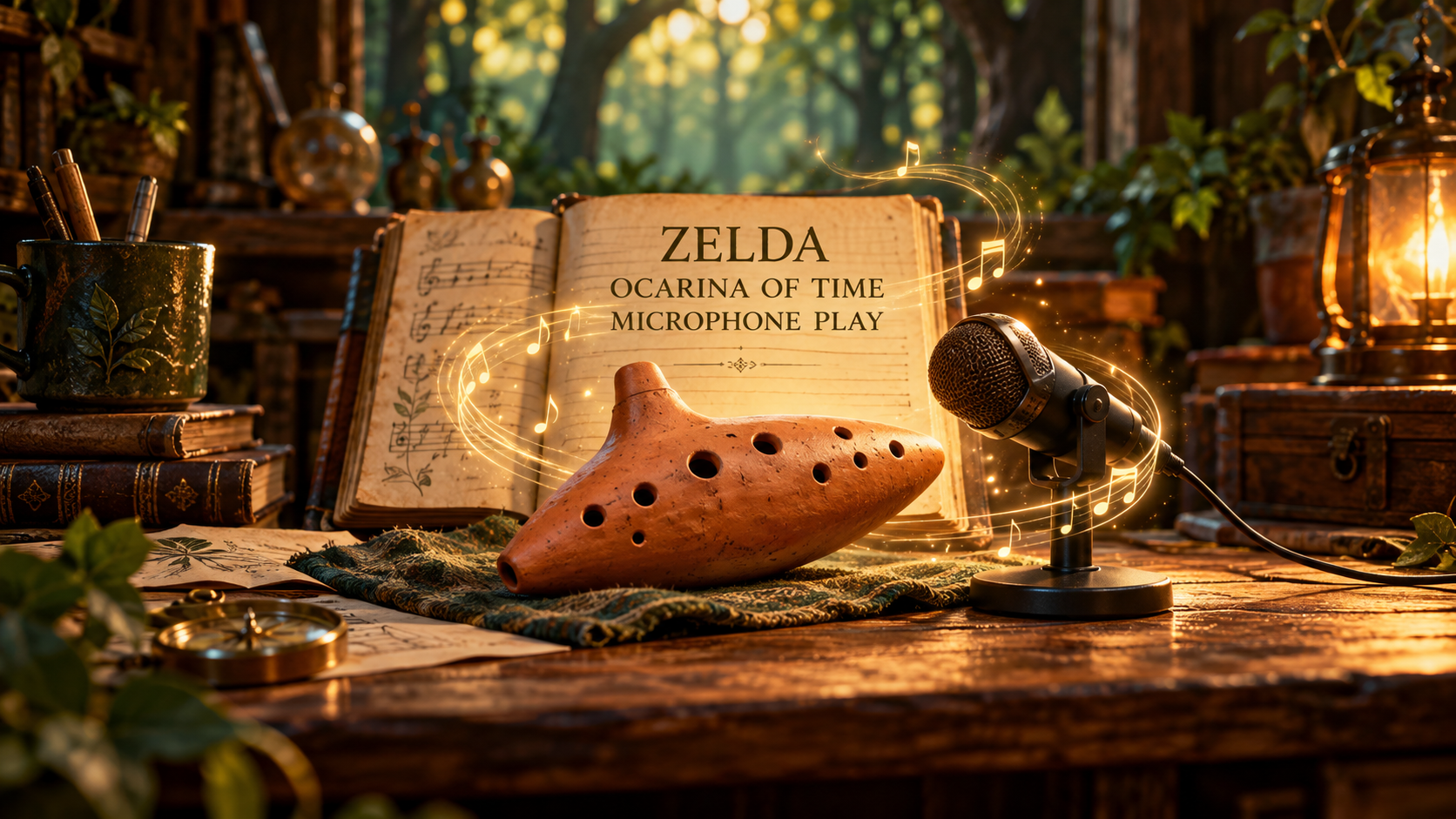 Original conceptual illustration of a terracotta ocarina, microphone and notebook labeled Zelda Ocarina of Time Microphone Play; not game imagery, official hardware or a required accessory