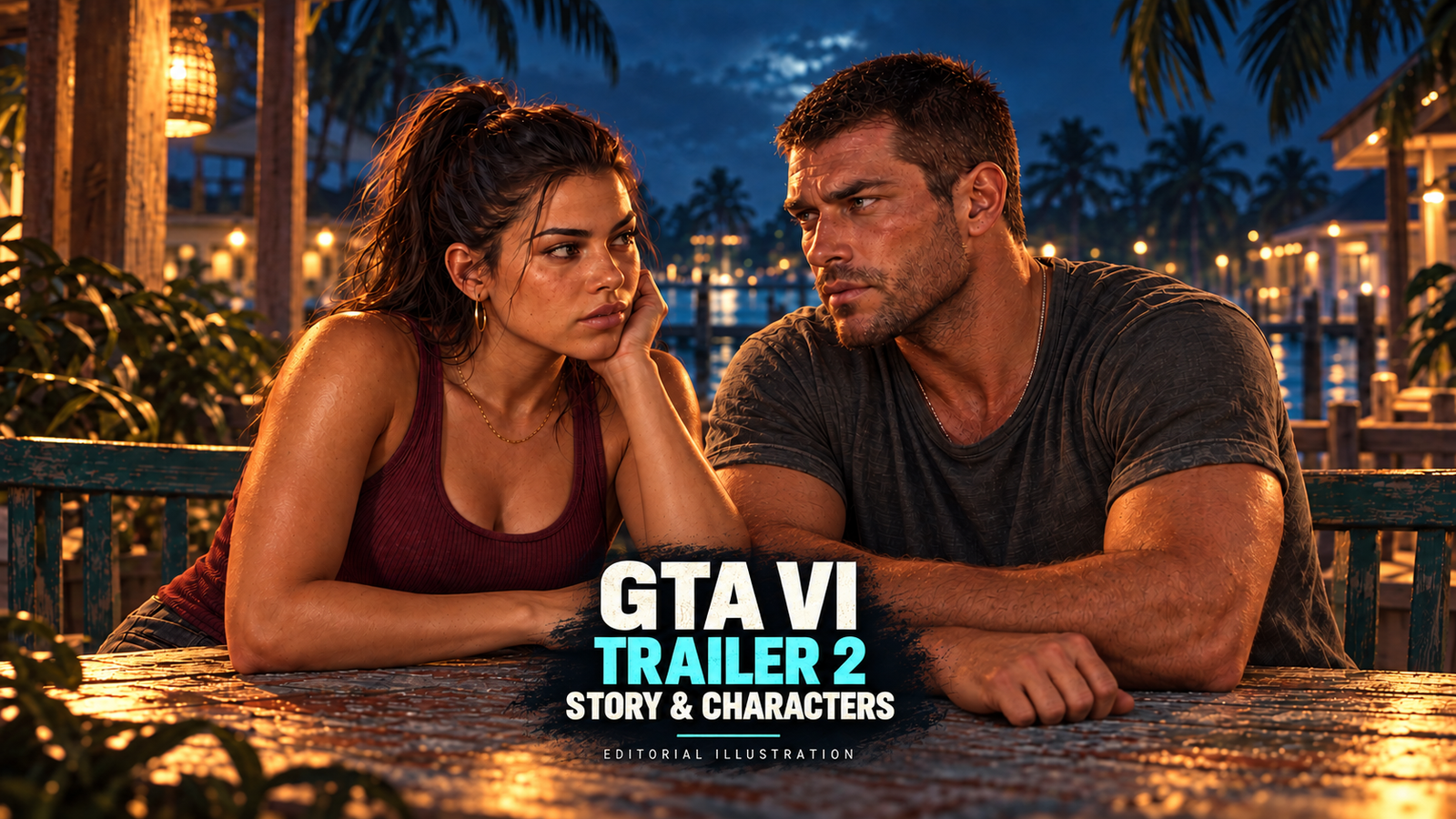 PatchCrest AI-assisted editorial illustration of Jason Duval and Lucia Caminos for GTA VI Trailer 2 story and character coverage.