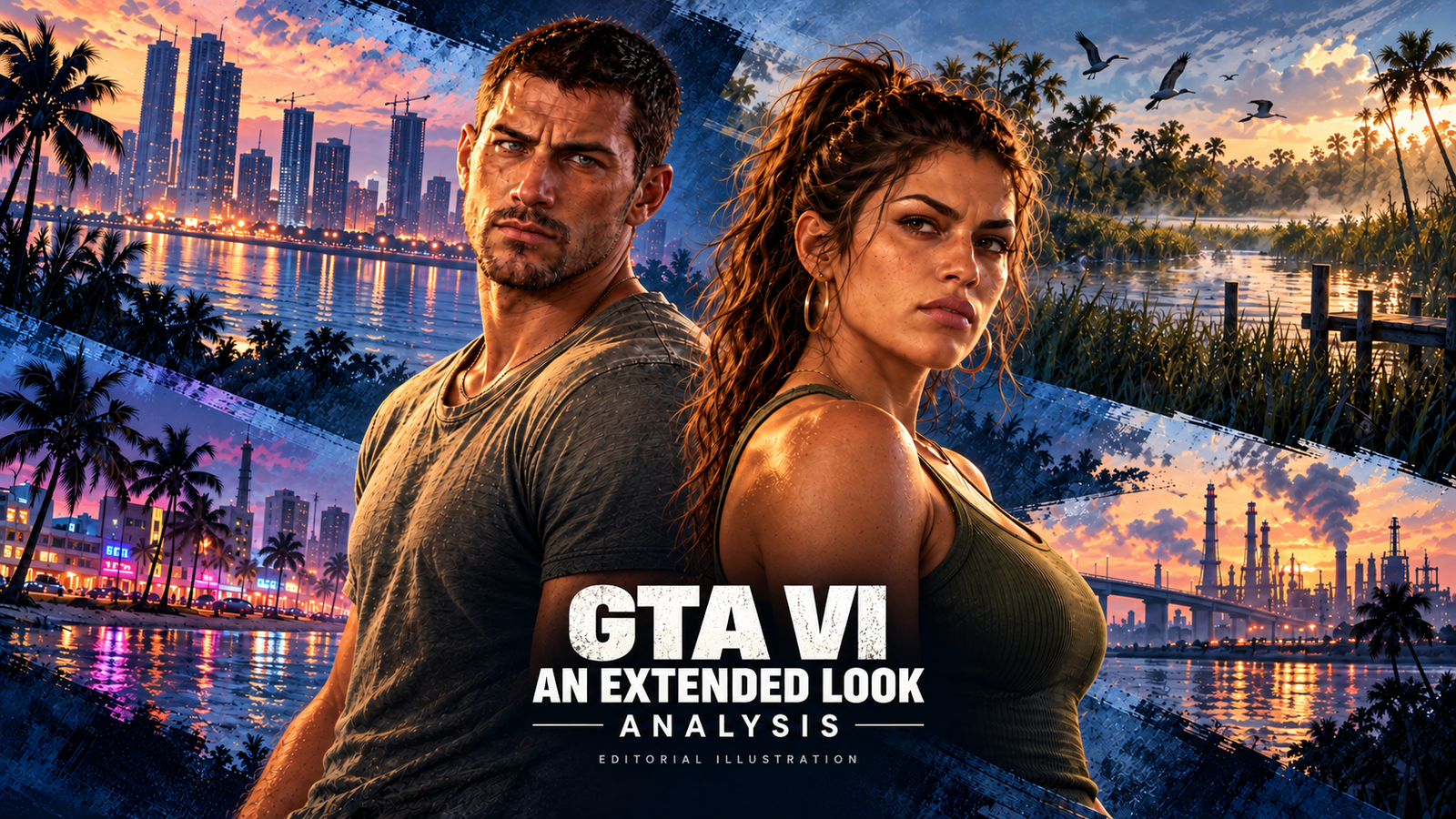 PatchCrest AI-assisted editorial illustration of Jason Duval and Lucia Caminos with a Leonida montage for GTA VI: An Extended Look analysis.