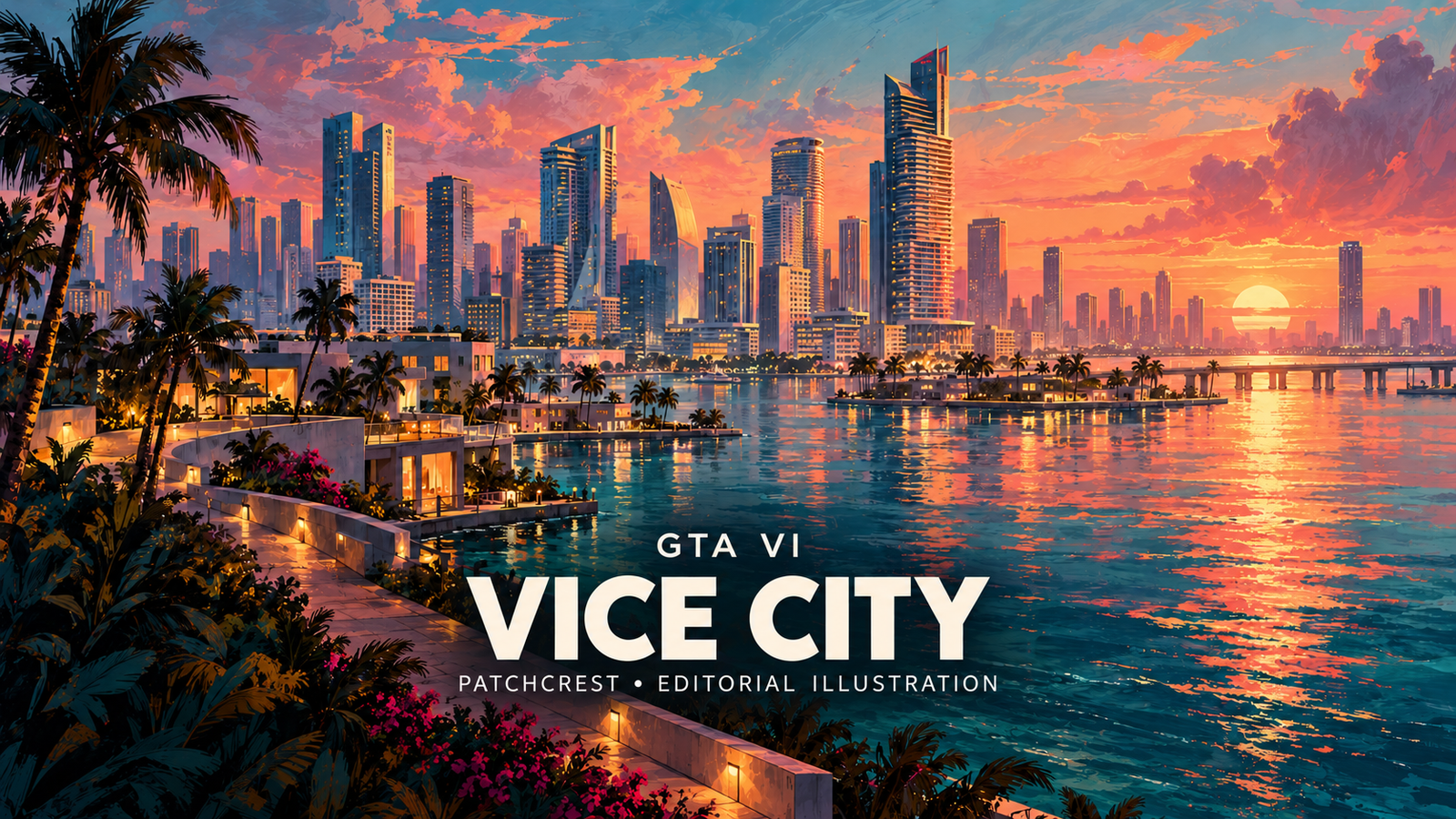 PatchCrest editorial illustration for GTA VI Vice City: an imagined coastal skyline, palm-lined waterfront and coral sunset; not game imagery